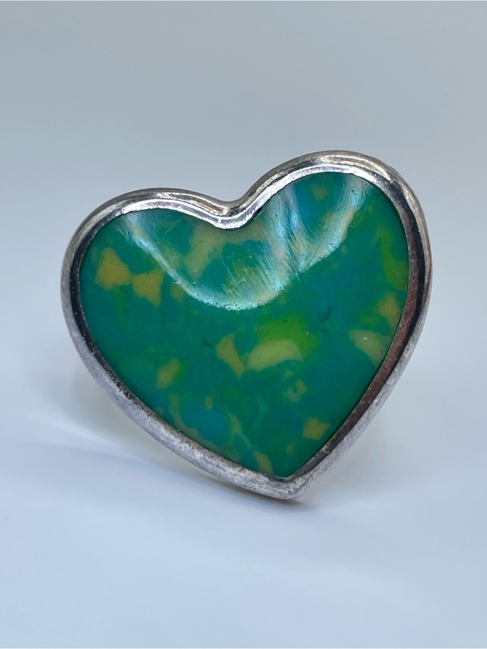 Vintage Taxco Mexico Green Faux Stone Heart Silver Tone Statement Ring